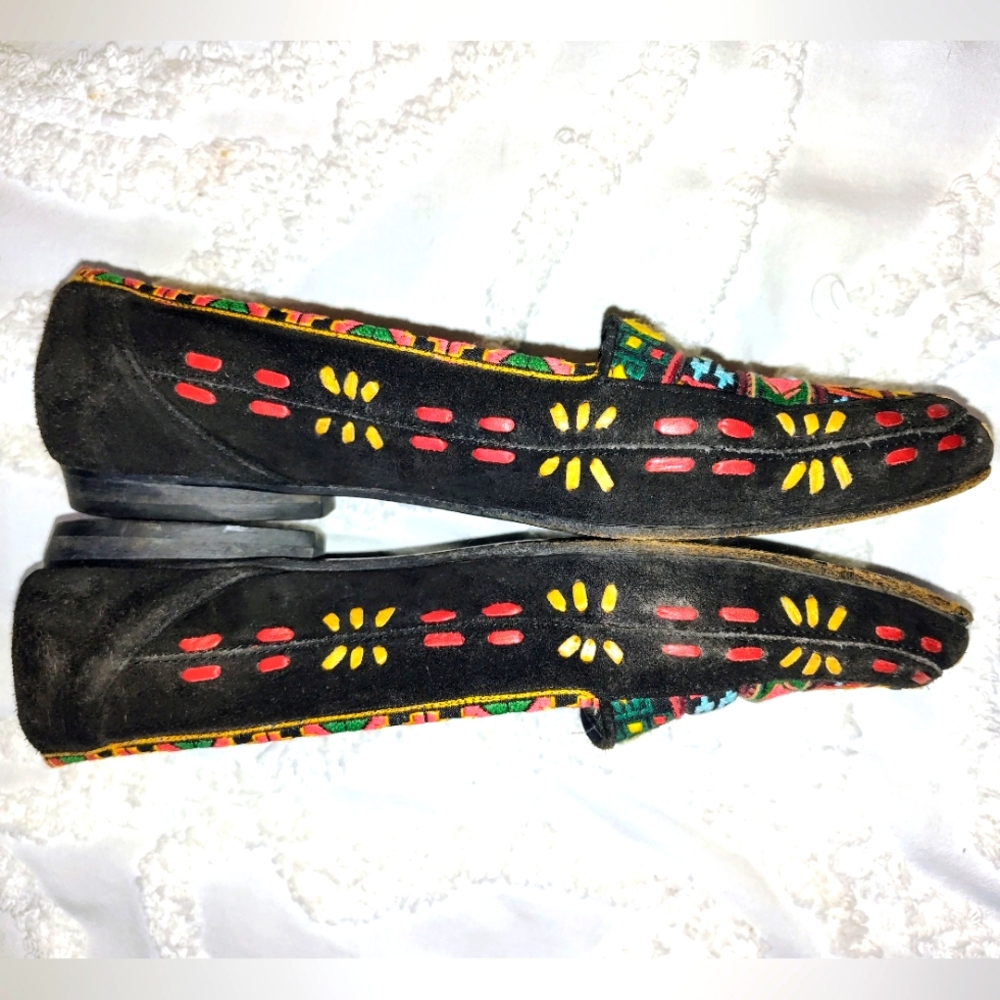 Susan Bennis Warren Edwards Black Suede Embroidered Vintage Loafer Flats Size 9 - Picture 5 of 8